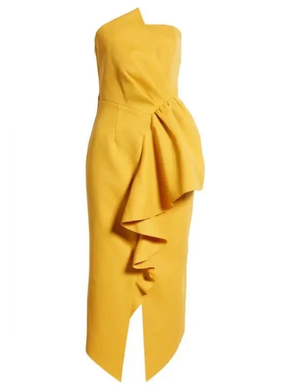 Elliatt Mustard Yellow Ruffle Cascade Cocktail Midi Dress